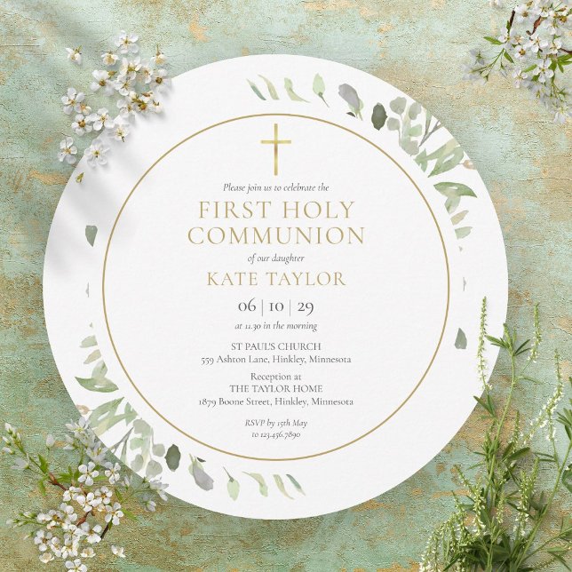 Vattencolor Greenery First Heliga Communion Circul Inbjudningar (Skapare uppladdad)
