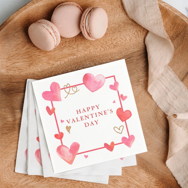 Vattencolor Heart Ram Valentine Pappersservett (Celebrate Valentine's day with these beautiful napkins with watercolor pink hearts.)
