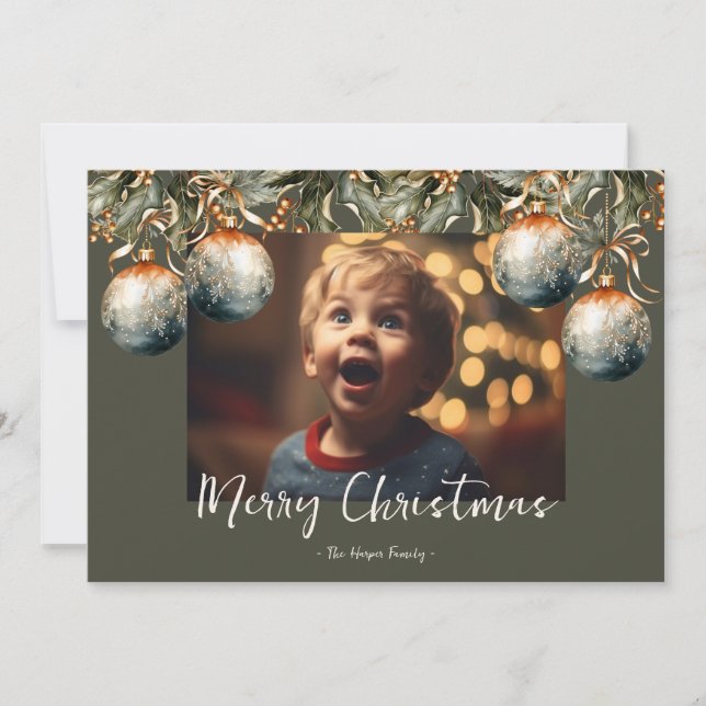 Vattencolor Holly Ornament Photo Julkort (Framsida)