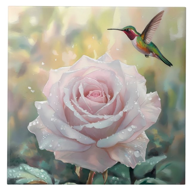 Vattencolor Hummingbird och Rosa ros Kakelplatta (Framsidan)
