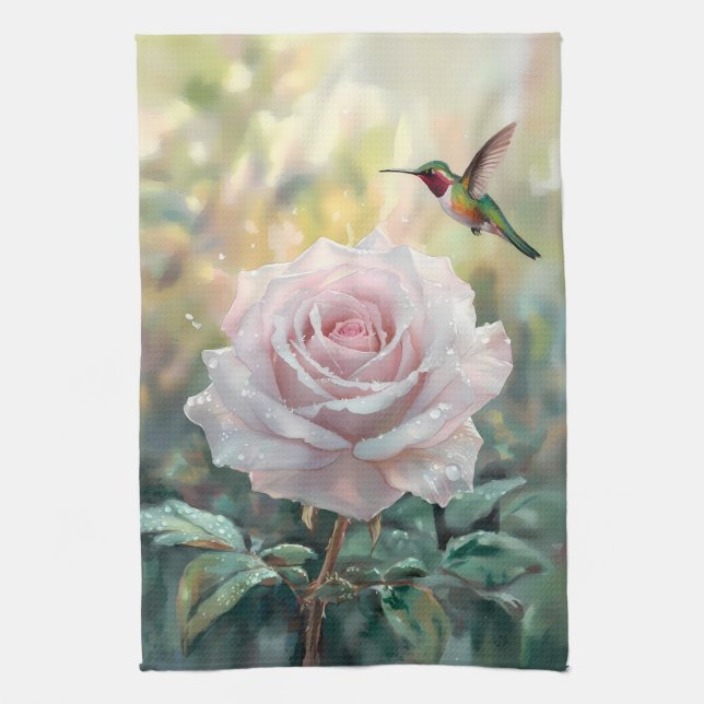 Vattencolor Hummingbird och Rosa ros Kökshandduk (Vertikal)