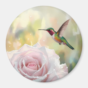 Vattencolor Hummingbird och Rosa ros Magnet