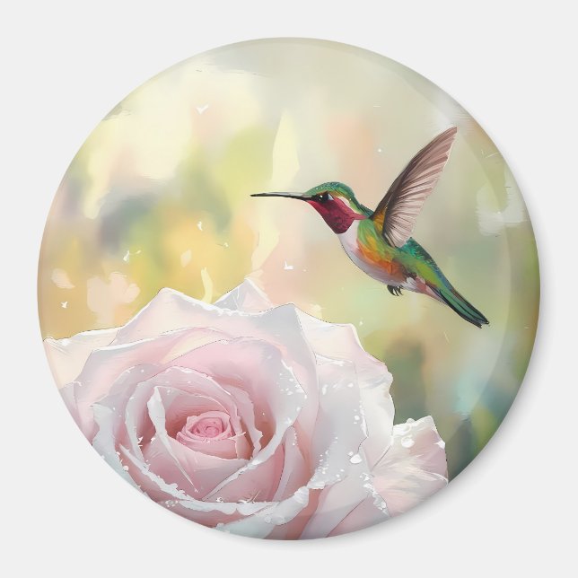 Vattencolor Hummingbird och Rosa ros Magnet (Framsidan)
