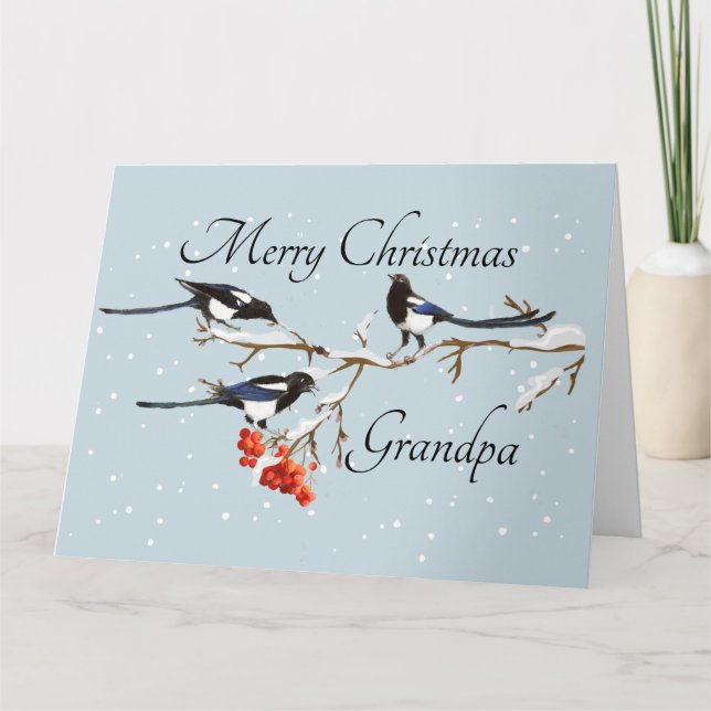 Vattencolor jul Holly Magpie Bird Grandpa Kort (Framsida)