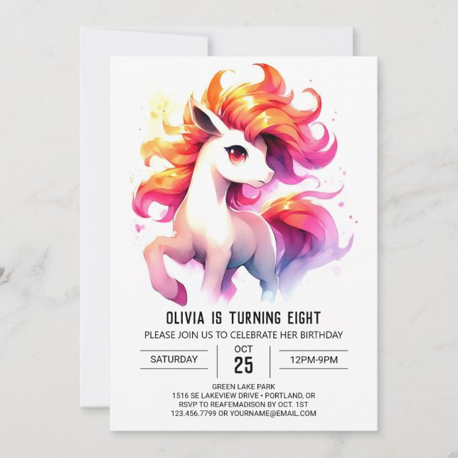 Vattencolor Kids Horse Birthday Inbjudningar (Framsida)