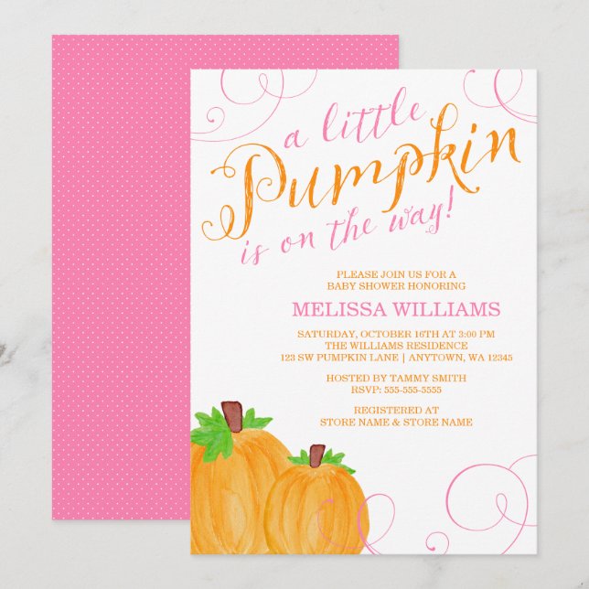 Vattencolor Little Pumpkin Fall Girl Shower Inbjudningar (Fram/baksida)