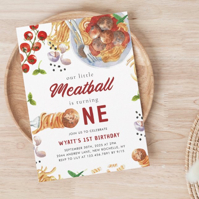 Vattencolor Meatball Italienska 1:a födelsedag Inbjudningar (Skapare uppladdad)