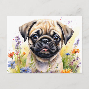 Vattencolor Pug Puppy i Wildblommor Delight Vykort