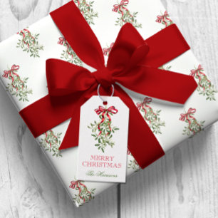 Vattencolor Red Bow Mistletoe jul Presentetikett