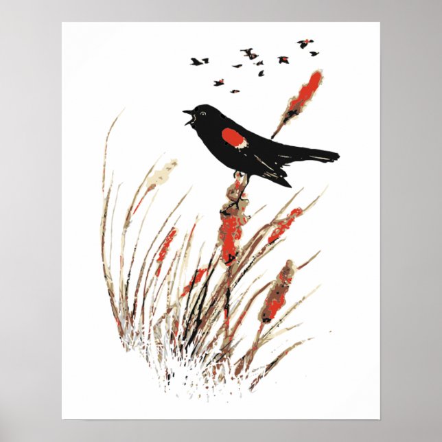 Vattencolor Red Vinge Blackbird Bird Nature art Poster (Framsidan)