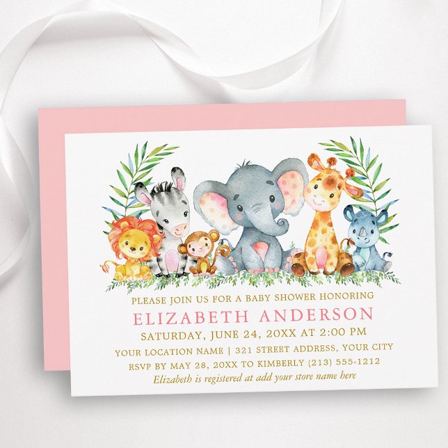 Vattencolor Safari Animals Baby Shower Rosa Guld Inbjudningar (Customize to change text color, size, text style or change color of back of card.)
