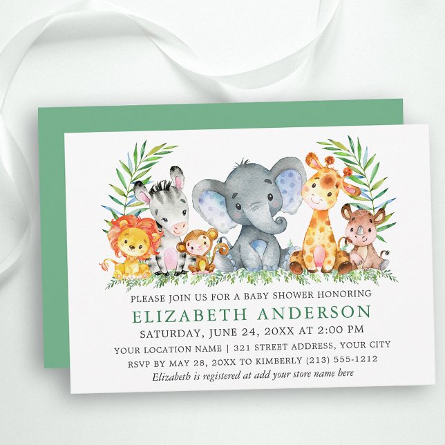 Vattencolor Safari Animals Greenery Baby Shower Inbjudningar (Customize to change text color, size, text style or change color of back of card.)