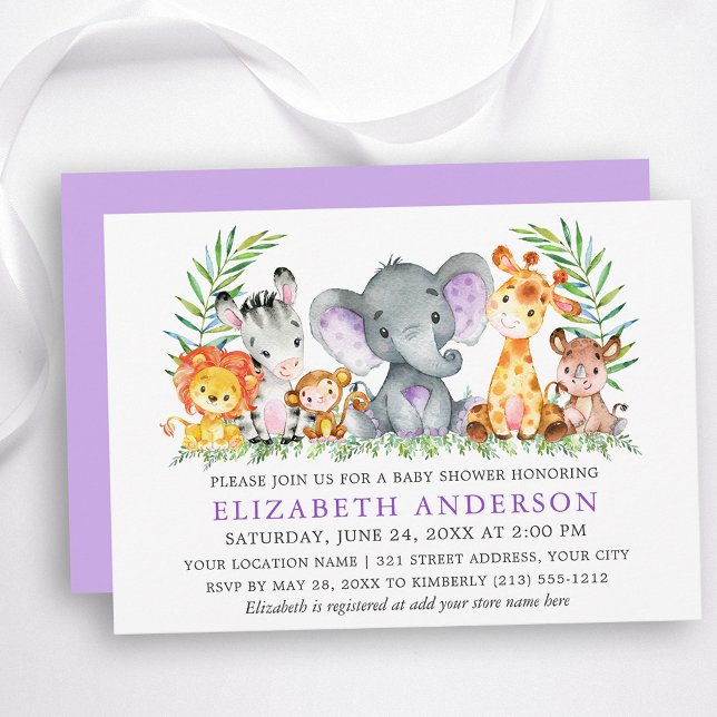 Vattencolor Safari Animals Violet Baby Shower Inbjudningar (Customize to change text color, size, text style or change color of back of card.)