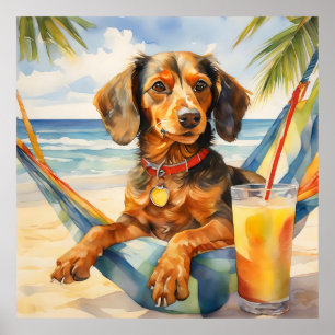 Vattencolor Teckel Hund Drinking Piña Colada Beach Poster