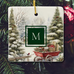 Vattencolor Vintage jul Träd Forest Monogram Julgransprydnad Keramik<br><div class="desc">Vattenfärgsårgången Juldag träd i snöskogens träd ornament. Inkludera din egen/familjens monogramsinitiering som visas på framsidan och baksidan.</div>