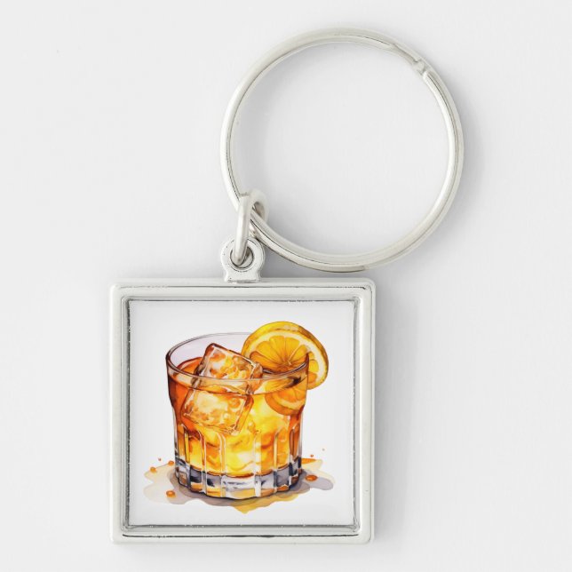 Vattencolor Whiskey Drink Fyrkantig Silverfärgad Nyckelring (Framsidan)