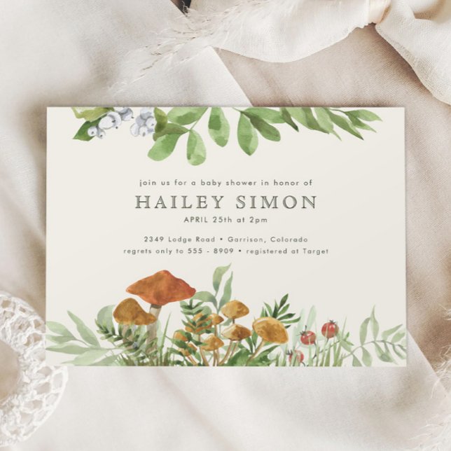 Vattencolor Woodland Mushroom Greenery Baby Shower Inbjudningar (Skapare uppladdad)
