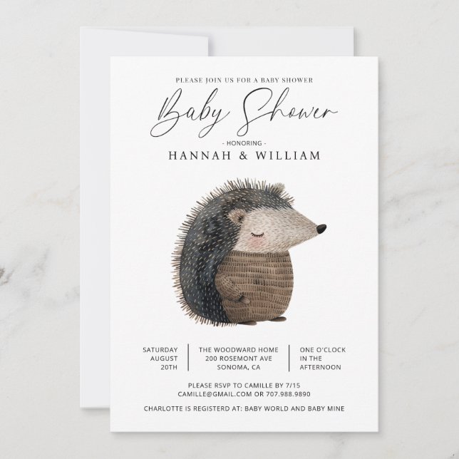 VattencolorWoodland Animal Hedgehog Baby Shower Inbjudningar (Framsida)