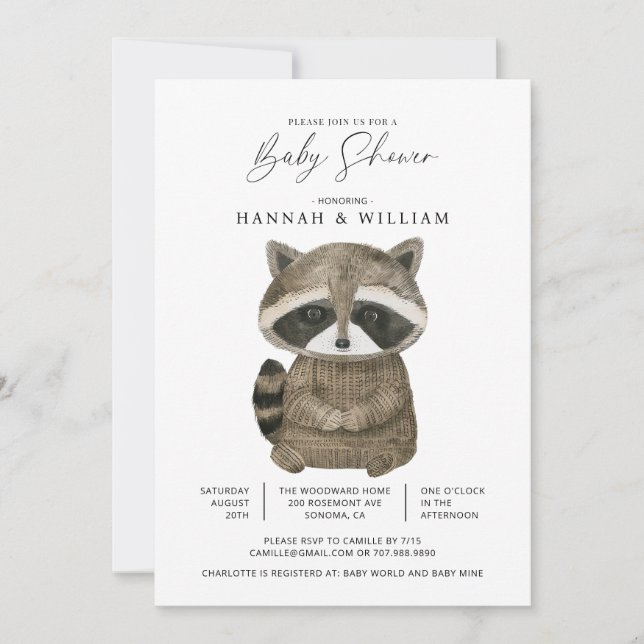 VattencolorWoodland Animal Raccoon Baby Shower Inbjudningar (Framsida)