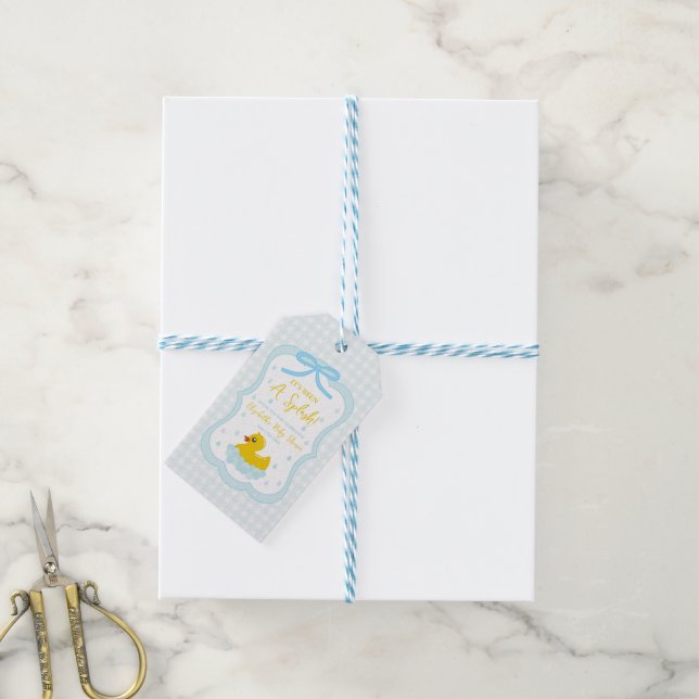 Vattendrapar Gingham Pojke Baby Shower Tack Presentetikett (Med Snöre)