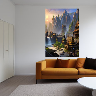 Vattenfall i byar och berg i Viking AI Art Poster