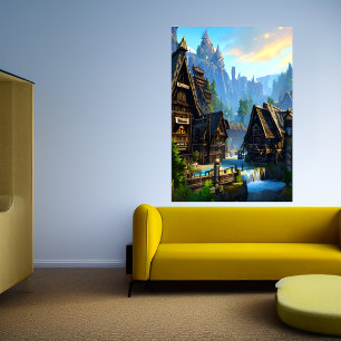 Vattenfall i staden Viking och i berget AI Art Poster