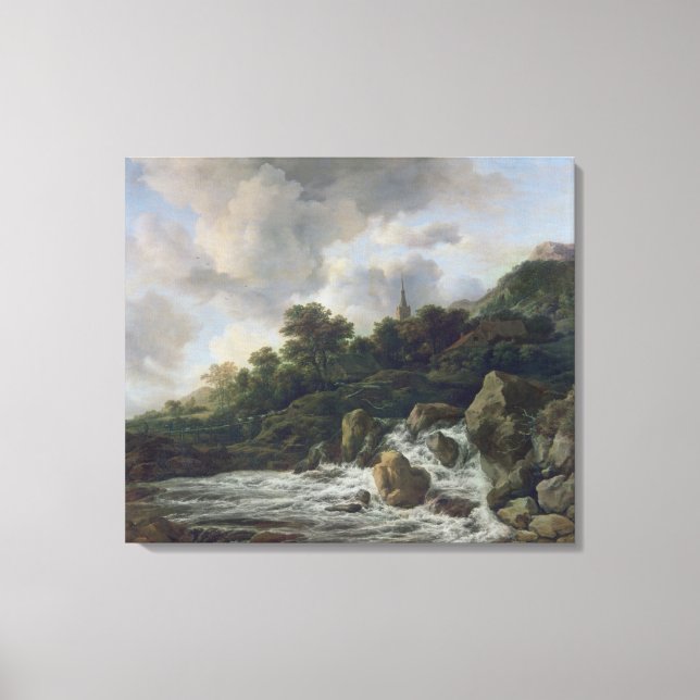 Vattenfall nära en by, 1665-70 canvastryck (Framsida)