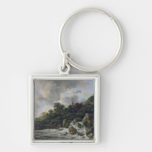 Vattenfall nära en by, c.1665-70 fyrkantig silverfärgad nyckelring (Framsidan)