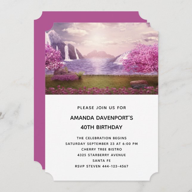 Vattenfall och Cherry Träd runt en Sjö-födelsedag Inbjudningar (Fram/baksida)