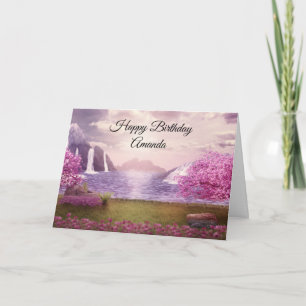 Vattenfall och Cherry Träd runt en Sjö-födelsedag Kort