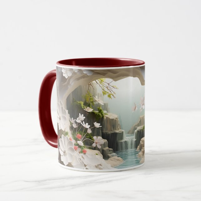 Vattenfall och vita blommor Keramisk kaffe Mugg ☕ (Framsida vänster)