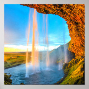 Vattenfall över Sten-naturomfotografi fredligt Poster