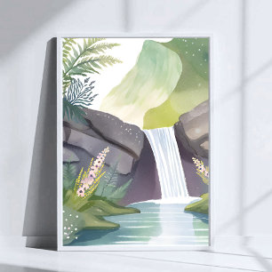 Vattenfall Viskning   Natur Akvarell Landskap Poster