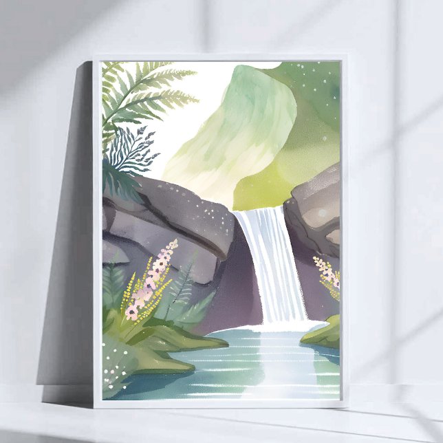 Vattenfall Viskning | Natur Akvarell Landskap Poster (Skapare uppladdad)