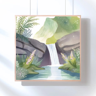 Vattenfall Viskning   Natur Akvarell Landskap Poster