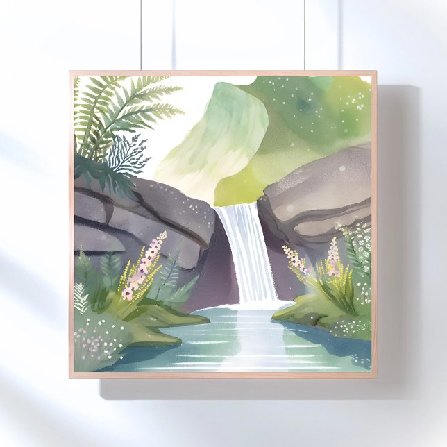 Vattenfall Viskning | Natur Akvarell Landskap Poster (Skapare uppladdad)