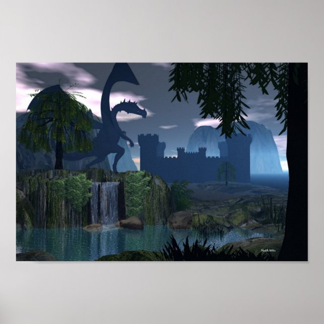 Vattenfallsfantasi med Dragon Poster (Framsidan)