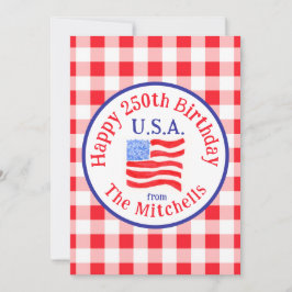 Vattenfärg 250 Årsdag USA Flagga Röd Gingham Inbjudningar