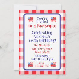 Vattenfärg 250 Årsdag USA Flagga Röd Gingham Inbjudningar