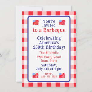 Vattenfärg 250 Årsdag USA Flagga Röd Gingham Inbjudningar