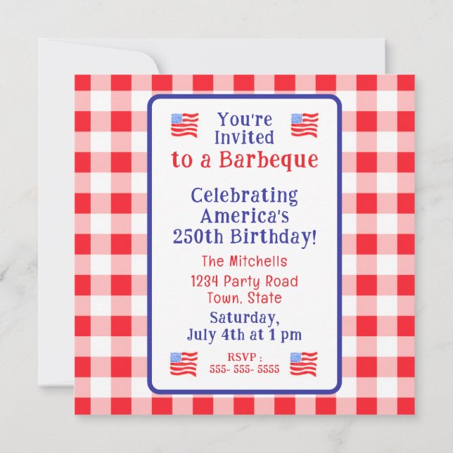 Vattenfärg 250 Årsdag USA Flagga Röd Gingham  Spara Datumet (Baksida)