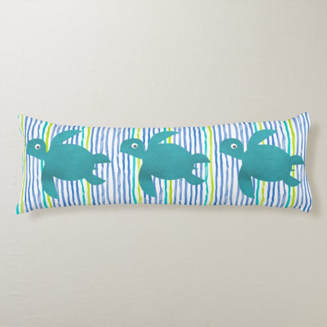 Vattenfärg 3 Sea Turtle Shibori Rand och Vågar Kroppskudde (Framsidan)