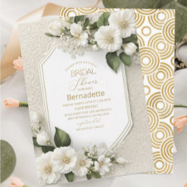 Vattenfärg 3D vita blommor guld Bröllopsdusch Inbjudningar