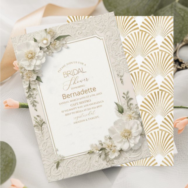 Vattenfärg 3D vita blommor guld Bröllopsdusch Inbjudningar (Skapare uppladdad)