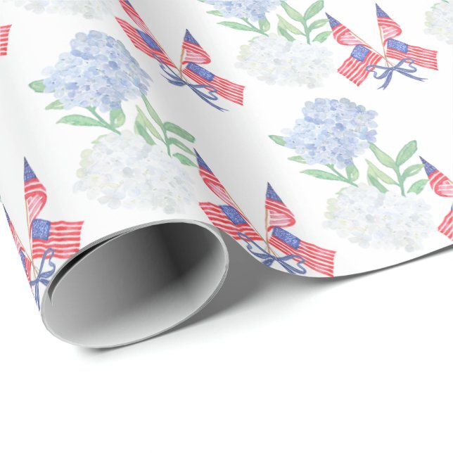 Vattenfärg 4:e juli Hydrangeas & Amerikanska flagg Presentpapper (Rullad Hörn)