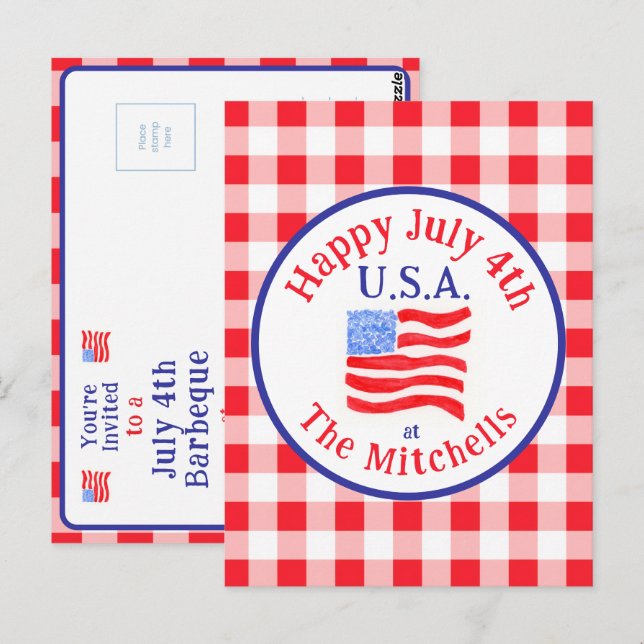 Vattenfärg 4 juli USA Flagga Röd Rand INBJUDAN (Fram/baksida)
