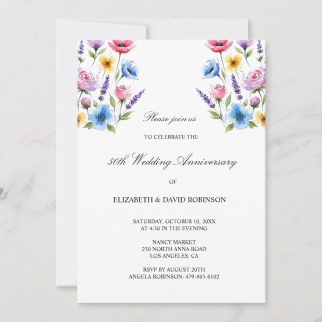 Vattenfärg 50-årsdagen bröllop inbjudningar (Framsida)