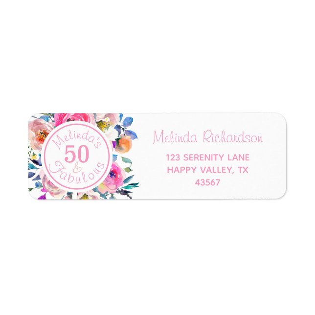Vattenfärg 50 och Fabulous Rosa ros Blommigt Returadress Etikett (Framsidan)