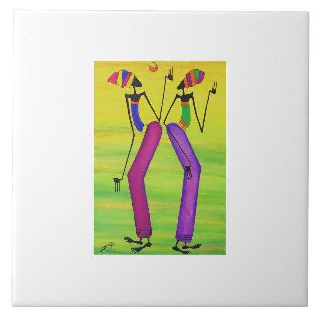 Vattenfärg, afrikansk konst Sol Party Kakelplatta (Framsidan)