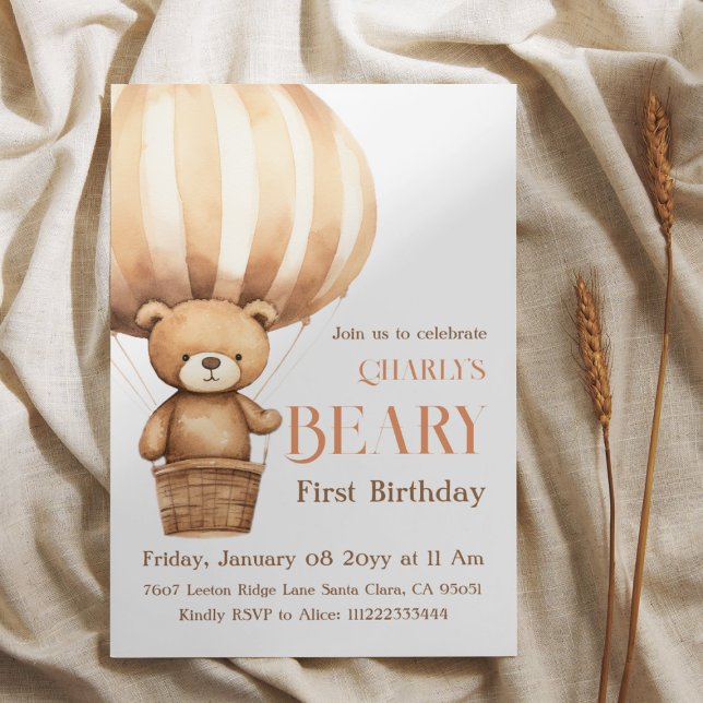 Vattenfärg Airballoon Beary Första födelsedag Inbjudningar (Skapare uppladdad)